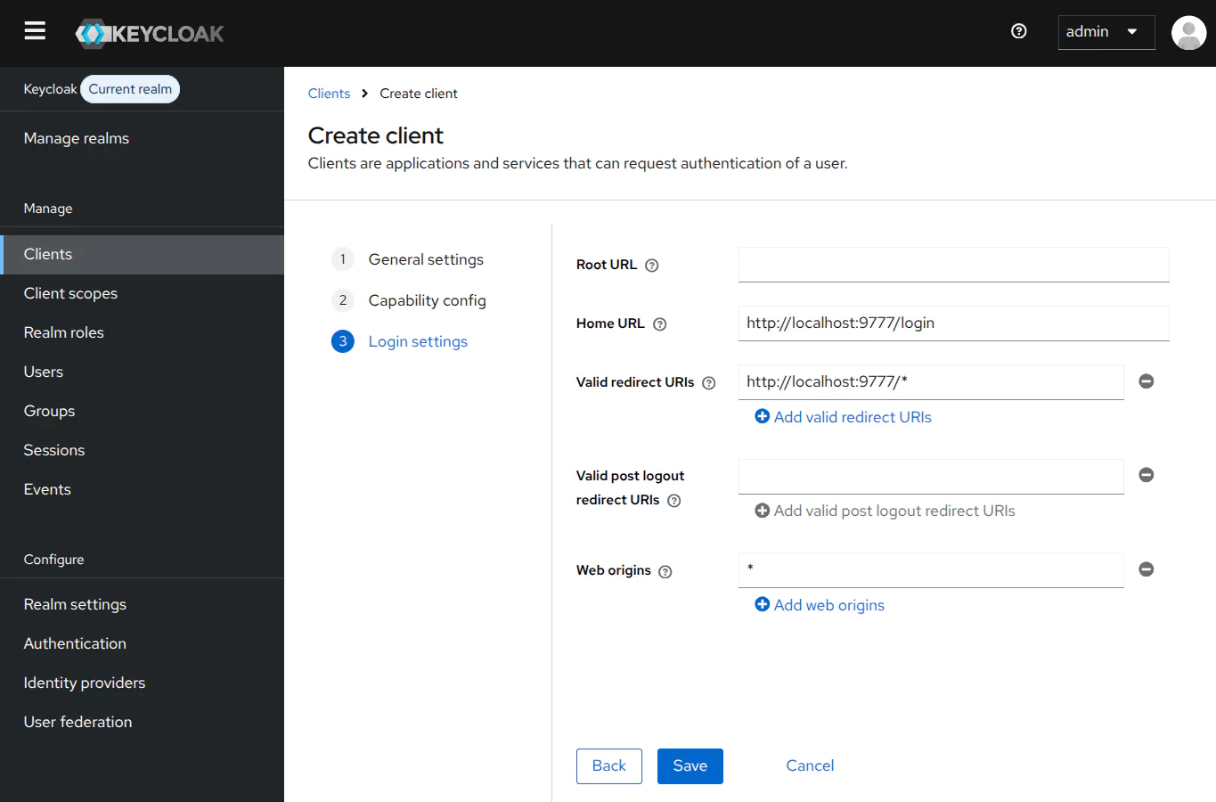 Keycloak client creation login settings